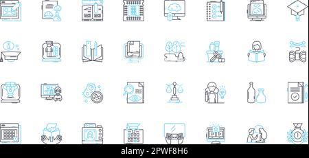 Academia linear icons set. Education, Research, Learning, Scholarship, Science, Teaching, Knowledge line vector and concept signs. Discovery Stock Vector