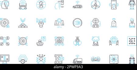 Advanced innovations linear icons set. Futuristic, Cutting-edge, Revolutionary, Technological, Innovative, Groundbreaking, Novel line vector and Stock Vector