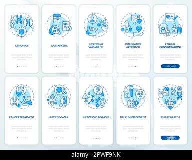 Precision medicine blue onboarding mobile app screens set. Walkthrough 5 steps editable graphic instructions with linear concepts. UI, UX, GUI templat Stock Vector