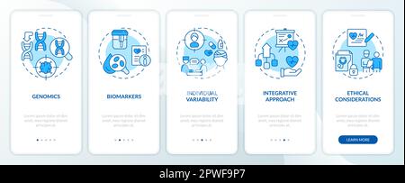 Precision medicine concepts blue onboarding mobile app screen. Walkthrough 5 steps editable graphic instructions with linear concepts. UI, UX, GUI tem Stock Vector