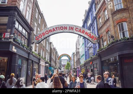London, UK. 30th April 2023. Carnaby Street celebrates the coronation of King Charles III, which takes place on May 6th. Stock Photo