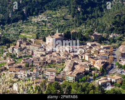 Looking down on the beautiful mountain village of Valldemossa from the GR221 long distance footpath along the Tramuntana Mountains of Majorca Spain Stock Photo