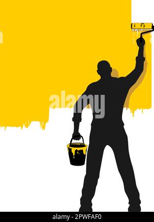 Painter man painting wall with roller brush. Vector template for you text on transparent background Stock Vector