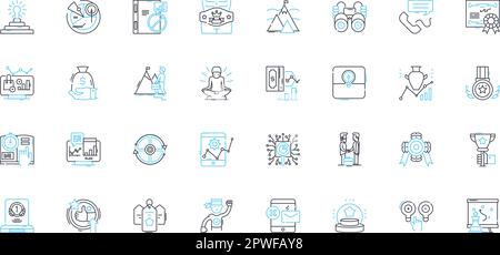 Marketing plan linear icons set. Strategy, Budget, Goals, Research, Tactics, Targeting, Branding line vector and concept signs. Channels,Audience Stock Vector