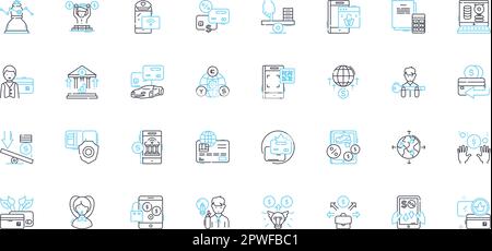 Alternative finance linear icons set. Crowdfunding, Peer-to-peer lending, Cryptocurrency, Microfinance, Asset-based lending, Invoice financing, Angel Stock Vector