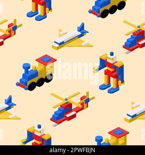 Multi-colored pattern of figures assembled from plastic blocks in isometric style for printing and decoration. Vector illustration. Stock Vector