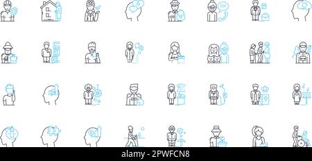 Sociology linear icons set. Culture, Identity, Inequality, Norms, Power, Class, Race line vector and concept signs. Gender,Socialization Stock Vector