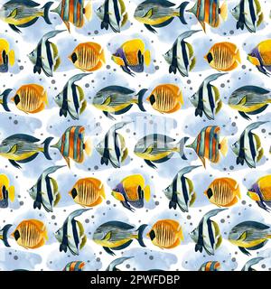 Seamless pattern. Tropical fishes of bright colors, pink stars, corals and blue spots, hand-drawn in watercolor on a white background. Stock Photo