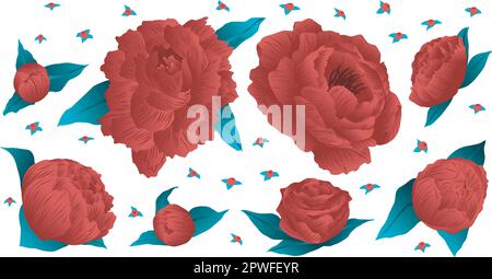 Set of vectorized floral elements, roses, red flowers resource. Roses in red color on white background Stock Vector