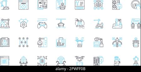 Automation Engineering linear icons set. Robotics, Mechatronics, Programming, Control, Industrial, Integration, Sensors line vector and concept signs Stock Vector