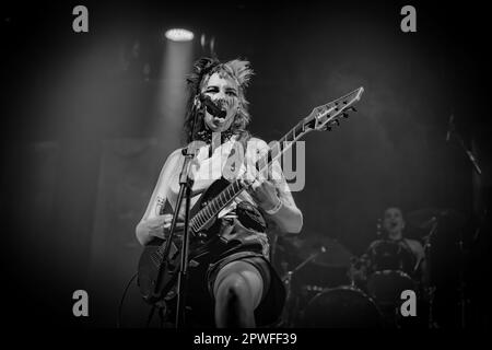 Hawxx, performing at the O2 Academy, Leicester, UK as part of the Uprising Festival, April 2023. Photos by John Lambeth Stock Photo