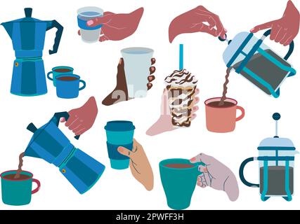 Set of vector illustrations, hands of different skin tones, coffee world illustrations. Hand with glass, hand with cup, hand with coffee to go Stock Vector