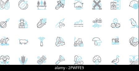 Farming technology linear icons set. Precision, Irrigation, Automation, Dr, Hydroponics, Sensors, Sustainability line vector and concept signs Stock Vector