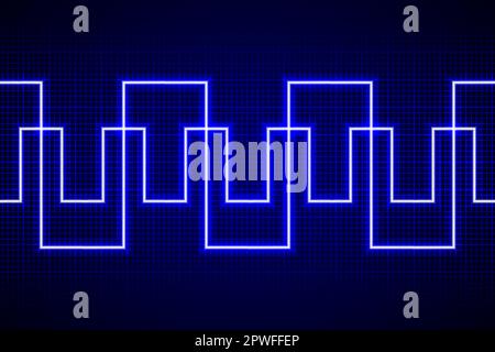 Abstract neon blue broken line pattern on dark oscilloscope digital screen. Electric ac waves oscillating. Digital equalizer. Scientific experiment. S Stock Vector