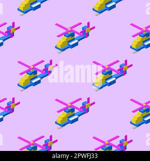 Pattern of toy helicopters assembled from plastic blocks in isometric style for print and design. Vector illustration. Stock Vector