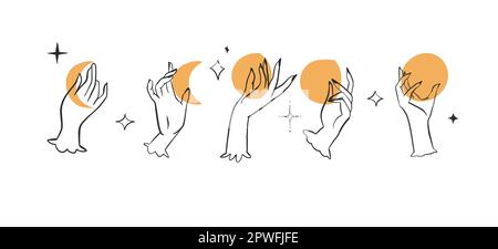 Hand drawn vector abstract outline,graphic,line art magic human hand with moon and stars logo in minimalistic modern style.Moon and stars sign outline Stock Vector