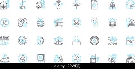 Clean power linear icons set. Solar, Wind, Hydro, Geothermal, Bioenergy, Biomass, Wave line vector and concept signs. Tidal,Nuclear (fusion),Renewable Stock Vector
