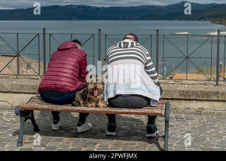 Two men with a dog are sitting on a bench overlooking Lake Bolsena in Marta, Italy, looking at their smartphones Stock Photo
