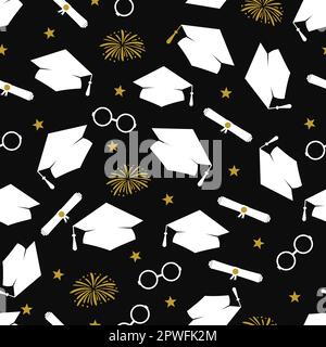 Funny graduation seamless pattern. Throwing caps and fireworks. Grad ceremony backdrop. Vector template for fabric, textile, wallpaper, wrapping paper Stock Vector