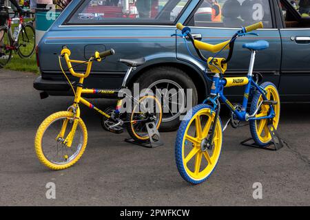 Raleigh BMX Mini Burner &  BMX Burner, on display at the Vintage Velos Scramble held at the Bicester Heritage Centre on the 30th April 2023. Stock Photo