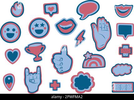 Set of illustrations for stickers, collection of fun, cheerful and hooligan illustrations. Mouths, hands, clouds, balloons, fire, hearts and lightning Stock Vector