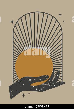 Magic hand holding sun witchcraft poster illustration. Vintage mystical style Stock Vector