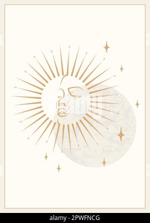 Mystical drawing of sun with face, moon and stars poster. Design for tarot card Stock Vector