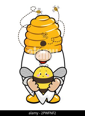 Bumble bee gnome - hand drawn modern gnome  illustration. Perfect for advertising, poster, announcement or greeting card. Beautiful gnome in Honeybee Stock Vector