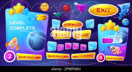 Cartoon graphic user interface with items for space game. App gui cosmic design with golden coins, panel with pause, start and reward, menu buttons, rocket. Universe background with platform, planets. Stock Vector