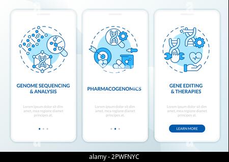 Genomic medicine blue onboarding mobile app screen. Genes study walkthrough 3 steps editable graphic instructions with linear concepts. UI, UX, GUI te Stock Vector