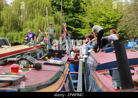 London, UK. 30 April 2023. The 40th annual IWA Canalway Cavalcade takes place throughout the May Bank Holiday weekend in London's Little Venice. Where the Grand Union Canal comes in to Paddington narrowboats are decked out in bunting and family events are taking place alongside various competitions between boat owners. Credit: Waldemar Sikora / Alamy Live News Stock Photo