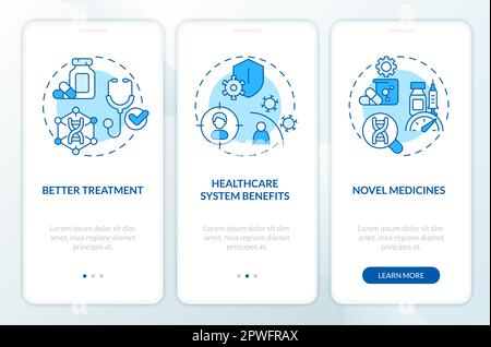 Benefits of precision medicine blue onboarding mobile app screen. Walkthrough 3 steps editable graphic instructions with linear concepts. UI, UX, GUI Stock Vector