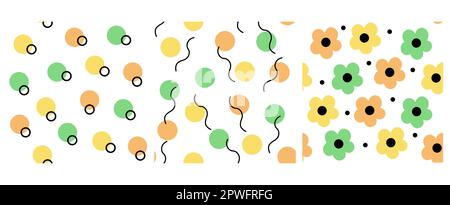 Y2k seamless pattern with geometric shapes and flowers. Colorful retro vintage style texture. Stock Vector
