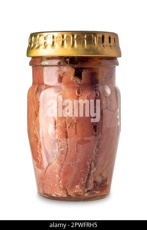 Canned anchovy fillets under oil in glass jar isolated on white with clipping path Stock Photo