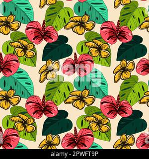 Seamless floral pattern with plumeria flowers and tropical leaves vector illustration Stock Vector
