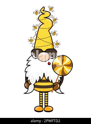 Bumble bee gnome - hand drawn modern gnome  illustration. Perfect for advertising, poster, announcement or greeting card. Beautiful gnome in Honeybee Stock Vector