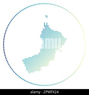 Oman digital badge. Dotted style map of Oman in circle. Tech icon of the country with graduated dots. Neat vector illustration. Stock Vector