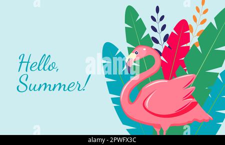 Summer background with flamingo and palm leaves. Hello summer. Vector illustration Stock Vector
