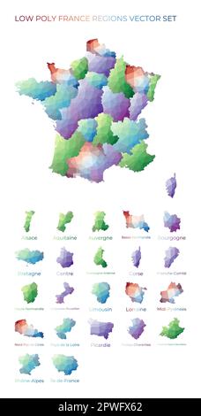 French low poly regions. Polygonal map of France with regions. Geometric maps for your design. Neat vector illustration. Stock Vector