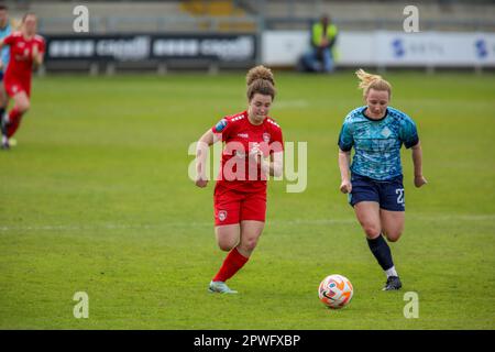 London, UK. 30th Apr, 2023. London, England, April 30th 2023: Mary McAteer (9 Coventry United) controls the ball while receiving pressure from Katie Kitching (27 London City Lionesses) during the FA Women's Championship game between London City Lionesses and Coventry United in London, England. (Alexander Canillas/SPP) Credit: SPP Sport Press Photo. /Alamy Live News Stock Photo