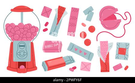 Bubble gum set. Isolated pink bubble gum in foil packages. Pads, balls and roll of red, pink and purple colors. Stock Vector