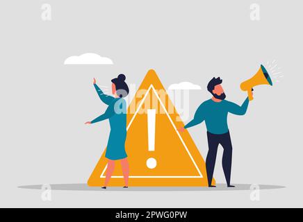A very important announcement, a man with a megaphone and a screaming woman announce the news. Information or breaking news. Business people with an e Stock Vector