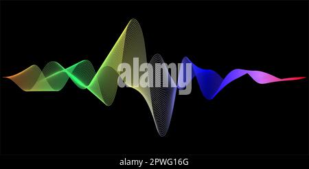 Abstract wave element for design. Digital frequency track equalizer motion sound wave. Stylized line art background. Vector curved wavy line on black Stock Vector