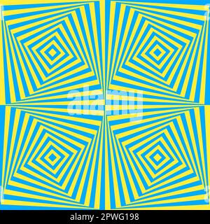 Abstract hypnotic, geo background, moving lines illusion in Opt Art style. Vector illustration. Blue and yellow colors. Stock Vector