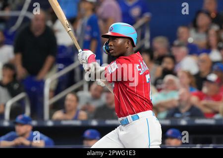 Miami Marlins' Jesús Sánchez catches a fly ball hit by Cleveland