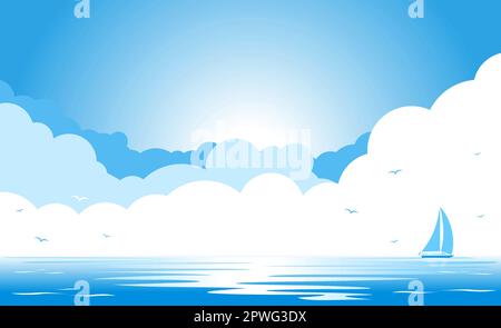 Blue sky with clouds and silhouettes of seagulls over blue sea, sailing yacht on horizon. Copy space for you text. Vector template background for adve Stock Vector