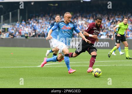 Naples, Italy. 30th Apr, 2023. Stanislav Lobotka of SSC Napoli and Tonny Vilhena of US Salernitana compete for the ball during the Serie A match between SSC Napoli and US Salernitana at Stadio Diego Armando Maradona, Naples, Italy on April 30, 2023. Credit: Nicola Ianuale/Alamy Live News Stock Photo