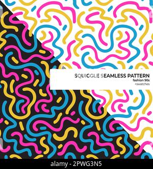 Set of seamless patterns in the style of the 1990s, made of abstract squiggle doodle lines. Collection of design templates on white and transparent ba Stock Vector