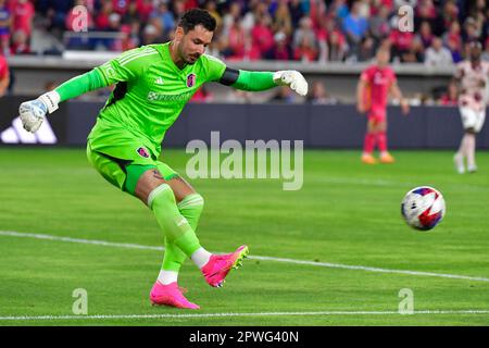 St. Louis, USA. 29th Apr, 2023. St. Louis City goalkeeper Roman Bürki (1) sends the ball downfield. STL City played the Portland Timbers in a Major League Soccer game on April 29, 2023 at CITY Park Stadium in St. Louis, MO, USA. Photo by Tim Vizer/Sipa USA Credit: Sipa USA/Alamy Live News Stock Photo