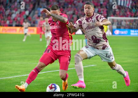 St. Louis, USA. 29th Apr, 2023. St. Louis City defender Jake Nerwinski (2, left) and Portland Timbers midfielder Marvin Loría (44) vie for the ball. STL City played the Portland Timbers in a Major League Soccer game on April 29, 2023 at CITY Park Stadium in St. Louis, MO, USA. Photo by Tim Vizer/Sipa USA Credit: Sipa USA/Alamy Live News Stock Photo